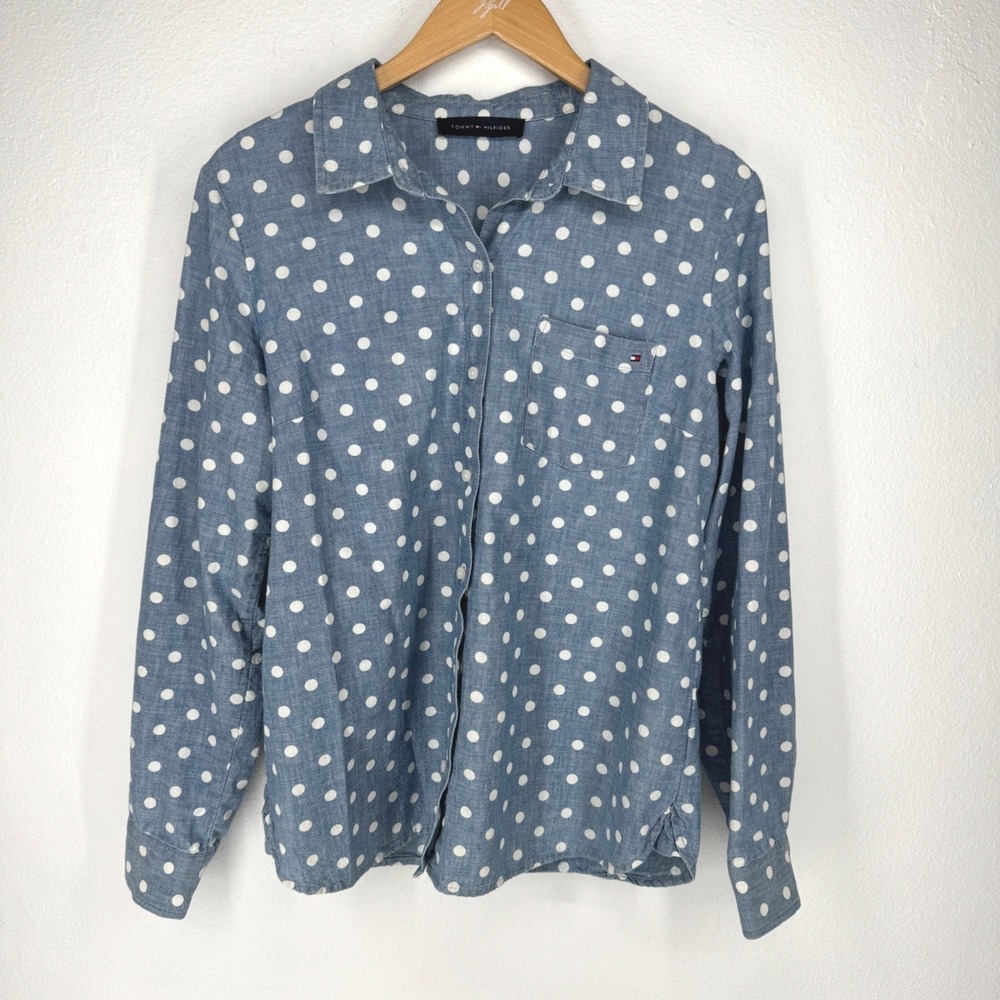 Tommy Hilfiger Women Chambrary Oxford Polka Dot Long Sleeve Button Shirt Top M